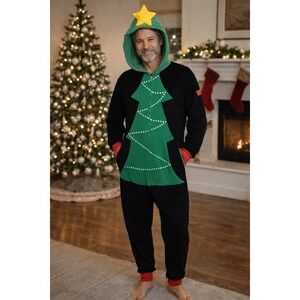 Tipsy Elves Mens Christmas Tree Onesie Fleece Jumpsuit Black Green Large